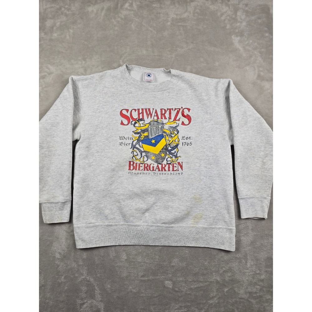 Vintage Delta Schwartz's Biergarten Sweatshirt Mens L Gray Made in USA *Read